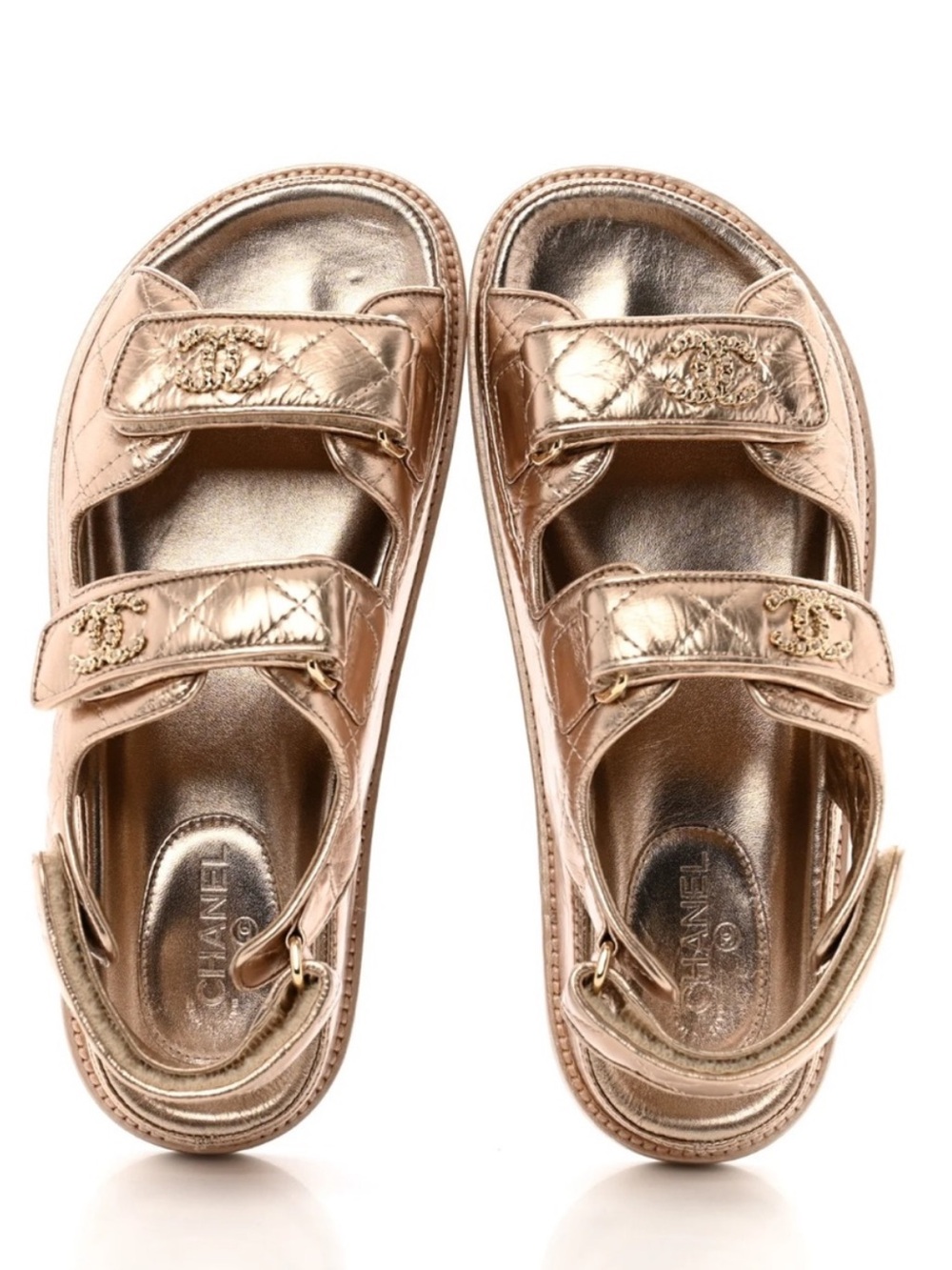 Chanel Iridescent Lambskin Quilted Velcro Dad Sandals in Light Bronze Size 40